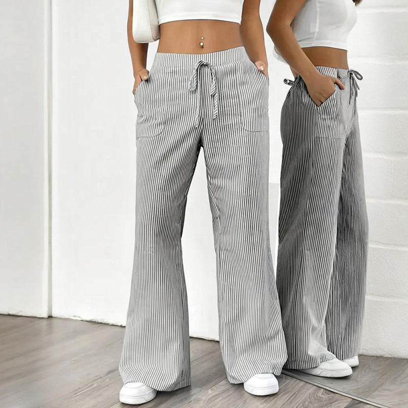 Women's Striped Print Straight Wide Leg Pants Drawstring Waist Slant