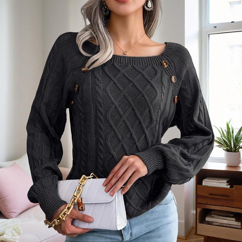 Women's Solid Color Casual Square Neck Button-Detail Knit Top