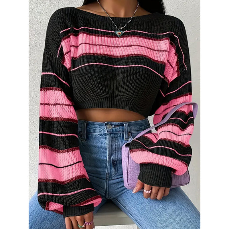 Women's Color Block Striped Sweater Crew Neck Lantern Sleeve