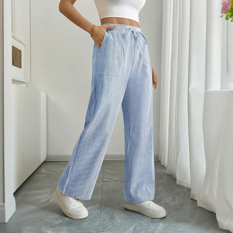 Women's Striped Print Straight Wide Leg Pants Drawstring Waist Slant