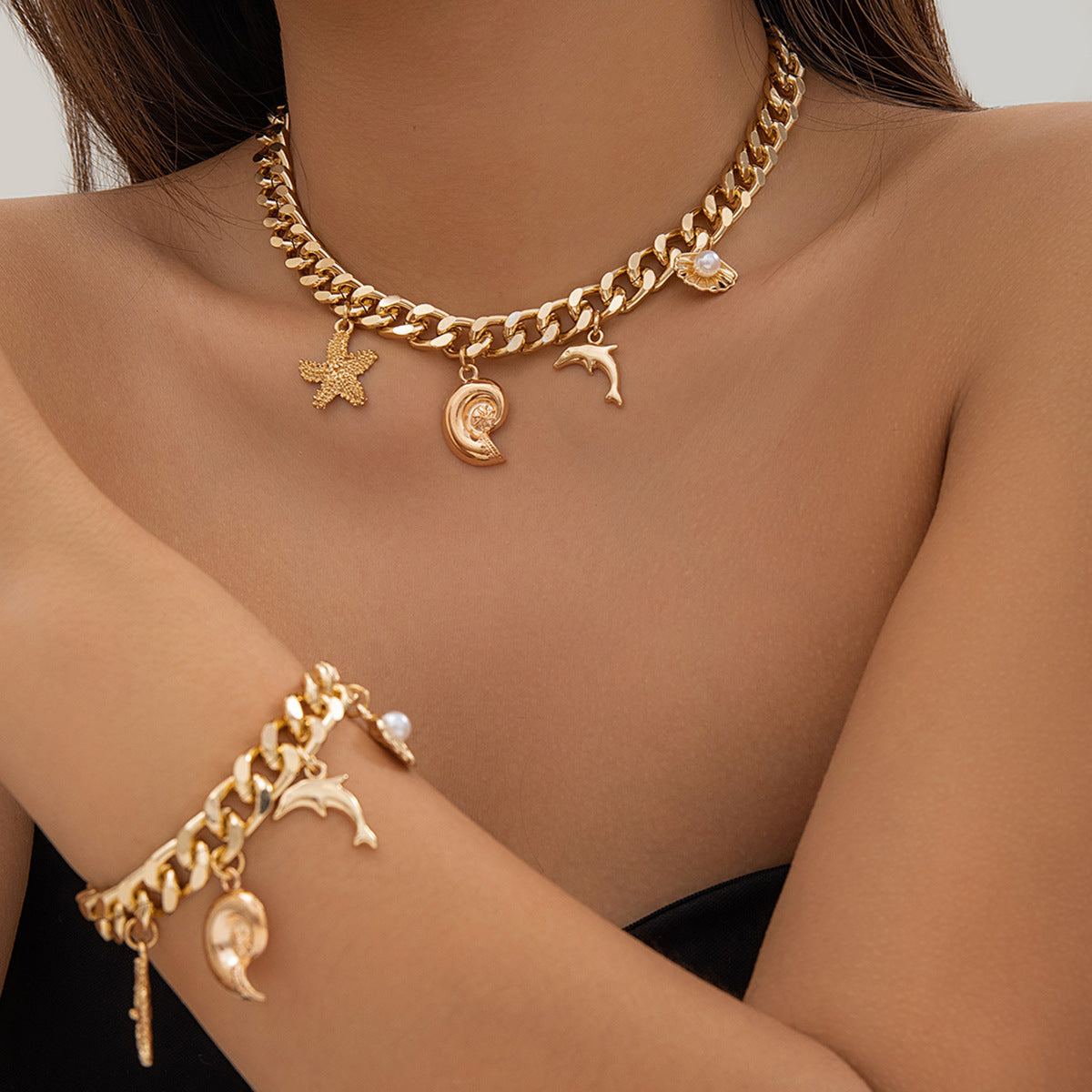 Creative Boho Conch Dolphin Starfish Pendant Choker Necklace