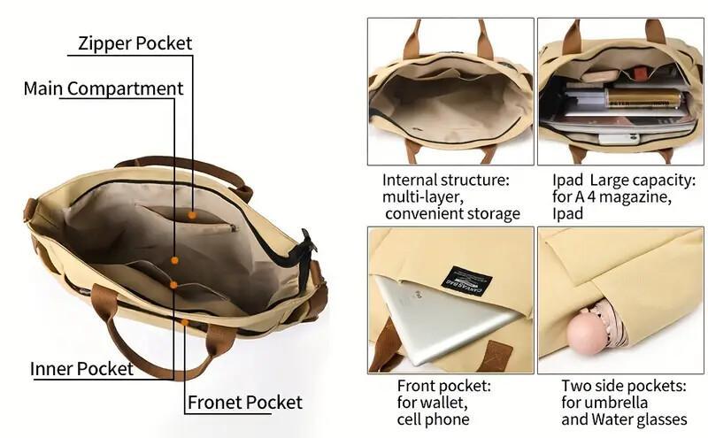 Multi Pocket Tote Bag For Women, Retro Canvas Shoulder Bag