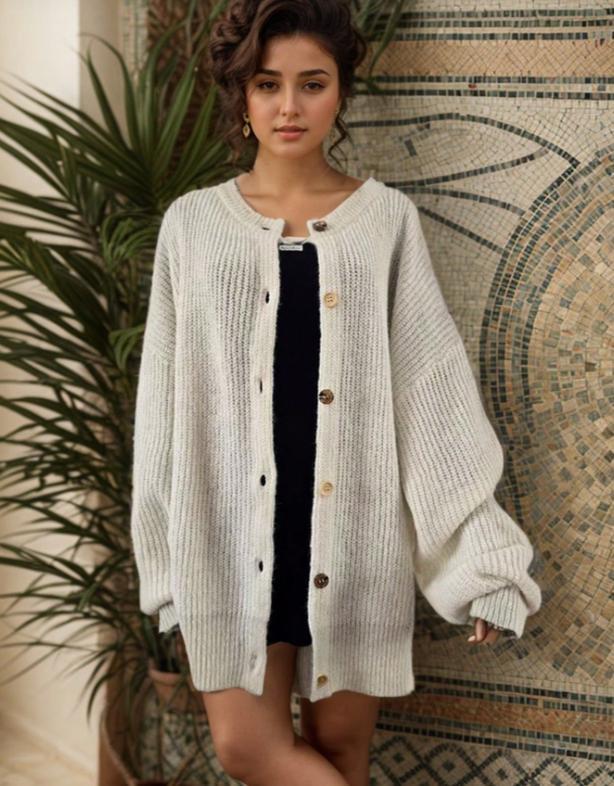 Women's Knitted Cardigan Sweater, Contrast Buttons, Chunky Knit, Gold Cuffs