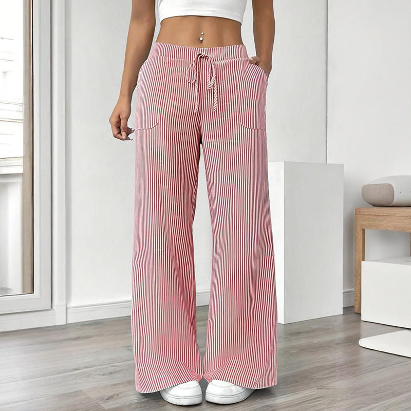 Women's Striped Print Straight Wide Leg Pants Drawstring Waist Slant