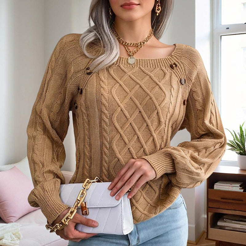 Women's Solid Color Casual Square Neck Button-Detail Knit Top