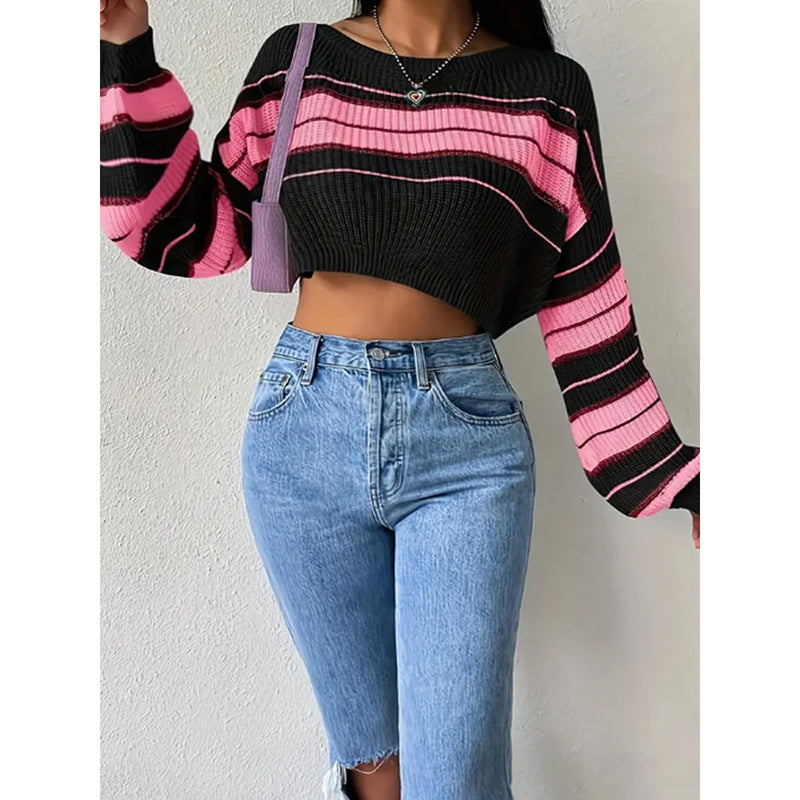 Women's Color Block Striped Sweater Crew Neck Lantern Sleeve