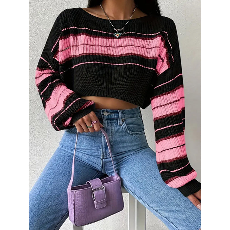 Women's Color Block Striped Sweater Crew Neck Lantern Sleeve