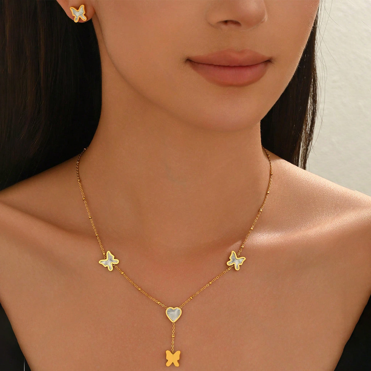 Lxalry 18K Gold Plated Stainless Steel Butterfly & Heart Jewelry Set For Women