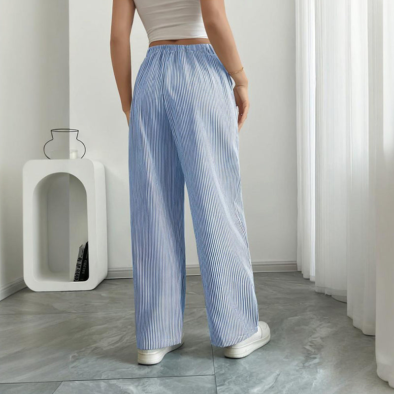 Women's Striped Print Straight Wide Leg Pants Drawstring Waist Slant