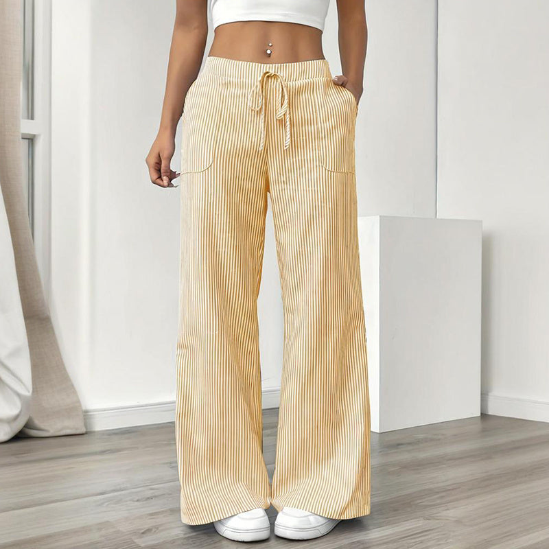 Women's Striped Print Straight Wide Leg Pants Drawstring Waist Slant