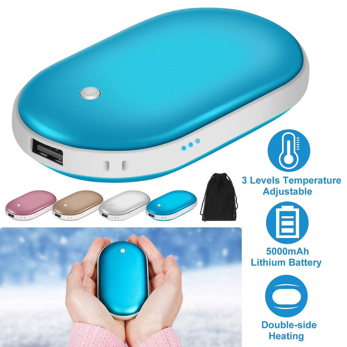 1Pc Portable Hand Warmer 5000mAh Power Bank Rechargeable Pocket Warmer
