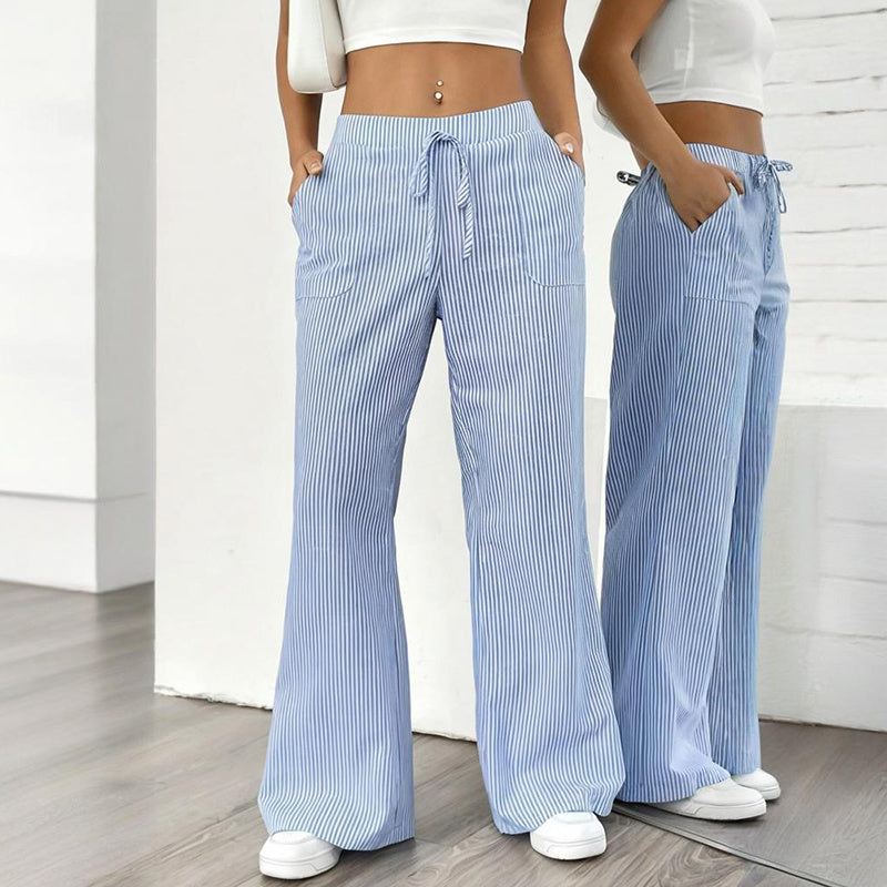Women's Striped Print Straight Wide Leg Pants Drawstring Waist Slant