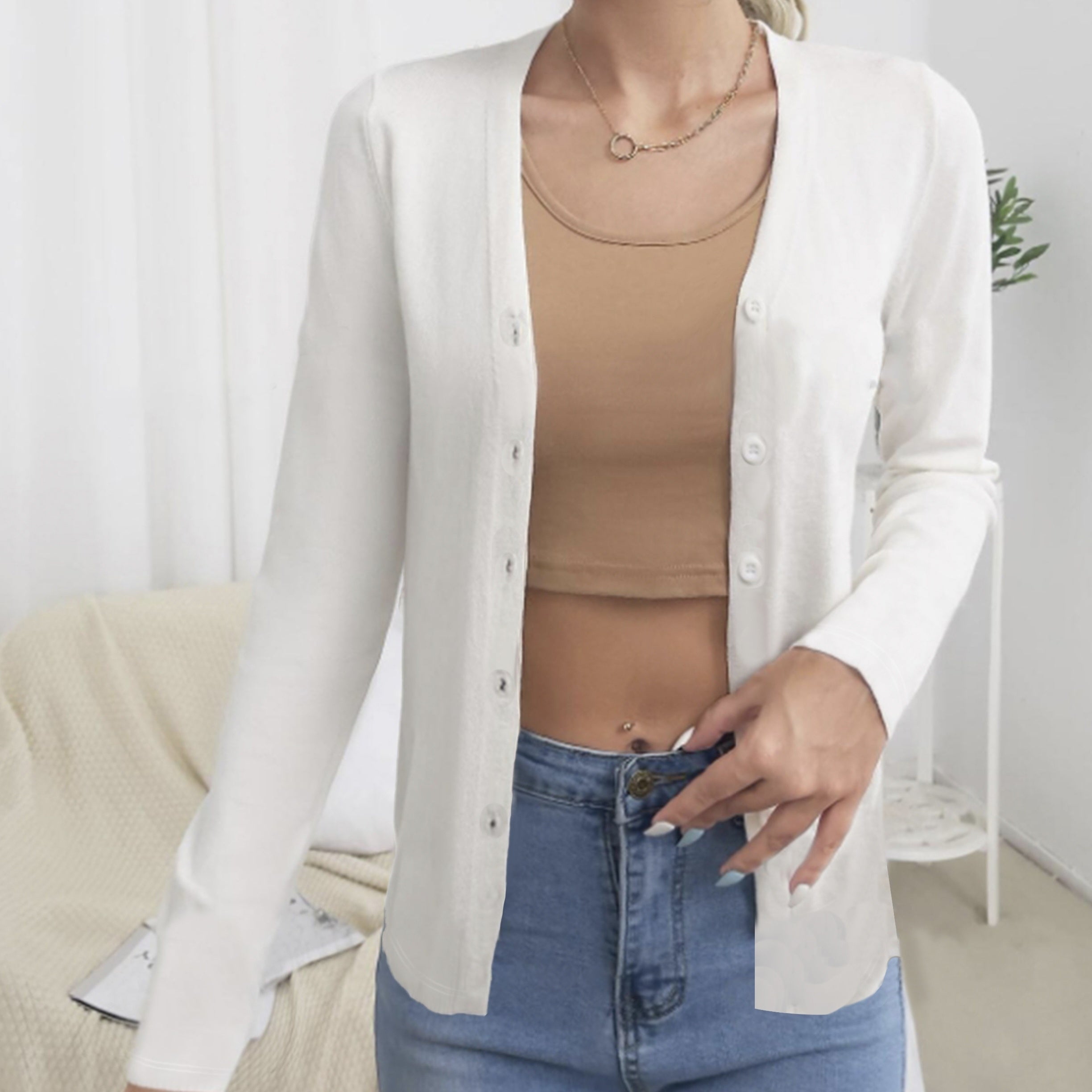 Women's Solid Color Autumn And Winter New Button Detail Design