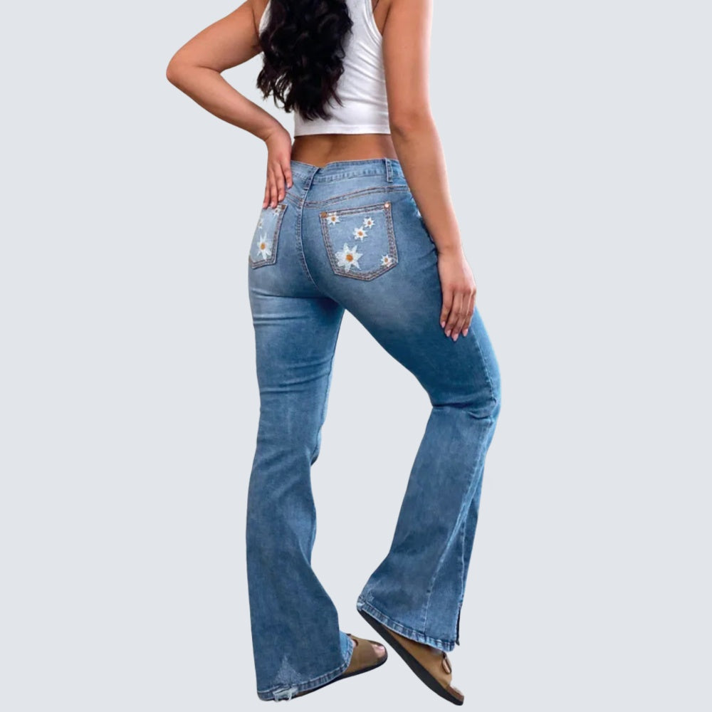 Women's High-Waist Star Patch Jeans, Wide-Leg Full-Length Jeans