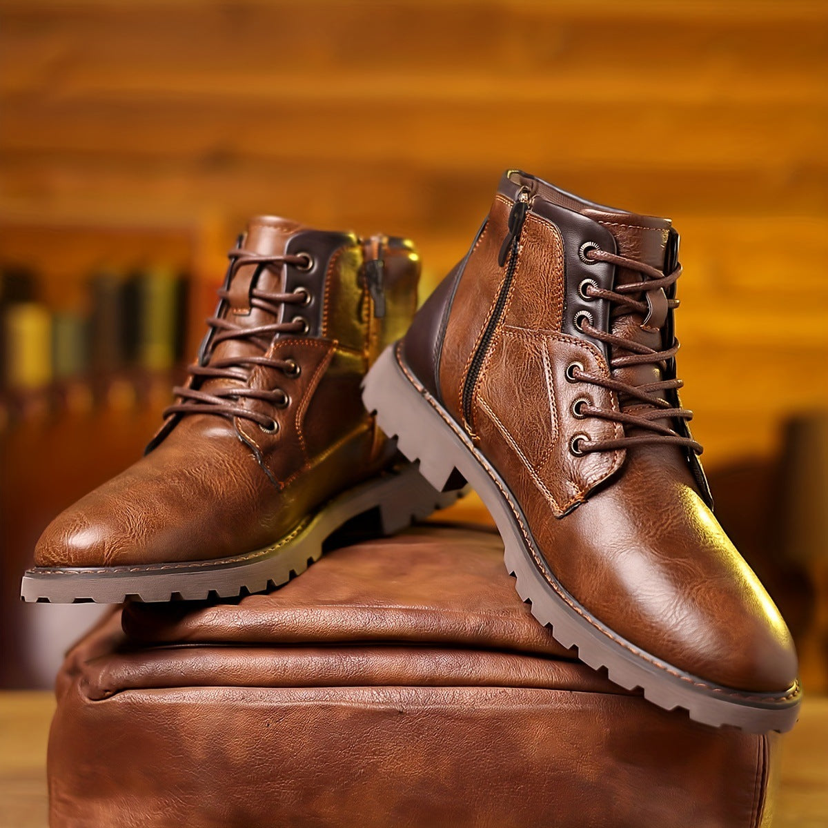 Men's Color Matching Casual Side Zipper Middle Tube Leather Boots