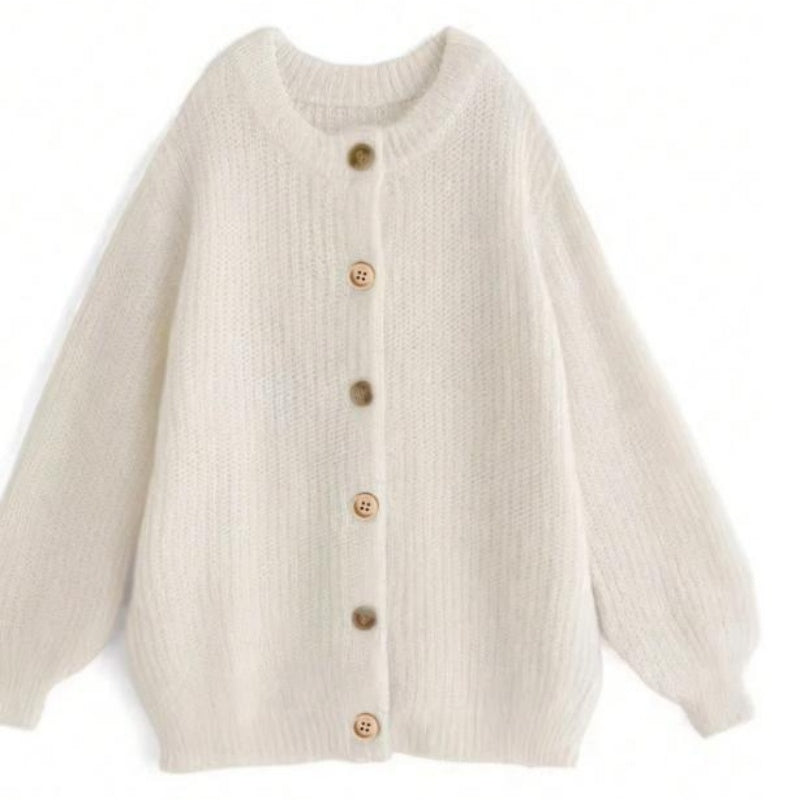 Women's Knitted Cardigan Sweater, Contrast Buttons, Chunky Knit, Gold Cuffs