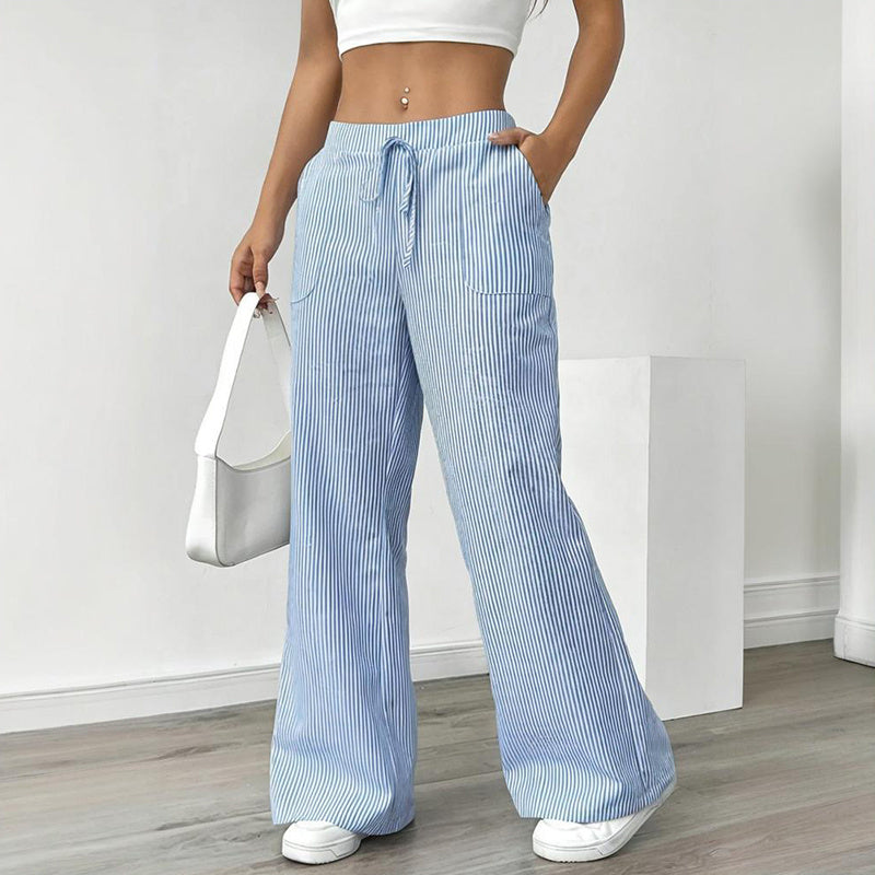 Women's Striped Print Straight Wide Leg Pants Drawstring Waist Slant
