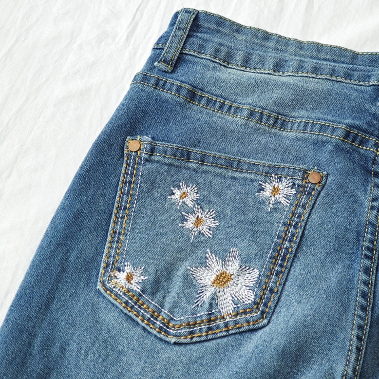 Women's High-Waist Star Patch Jeans, Wide-Leg Full-Length Jeans