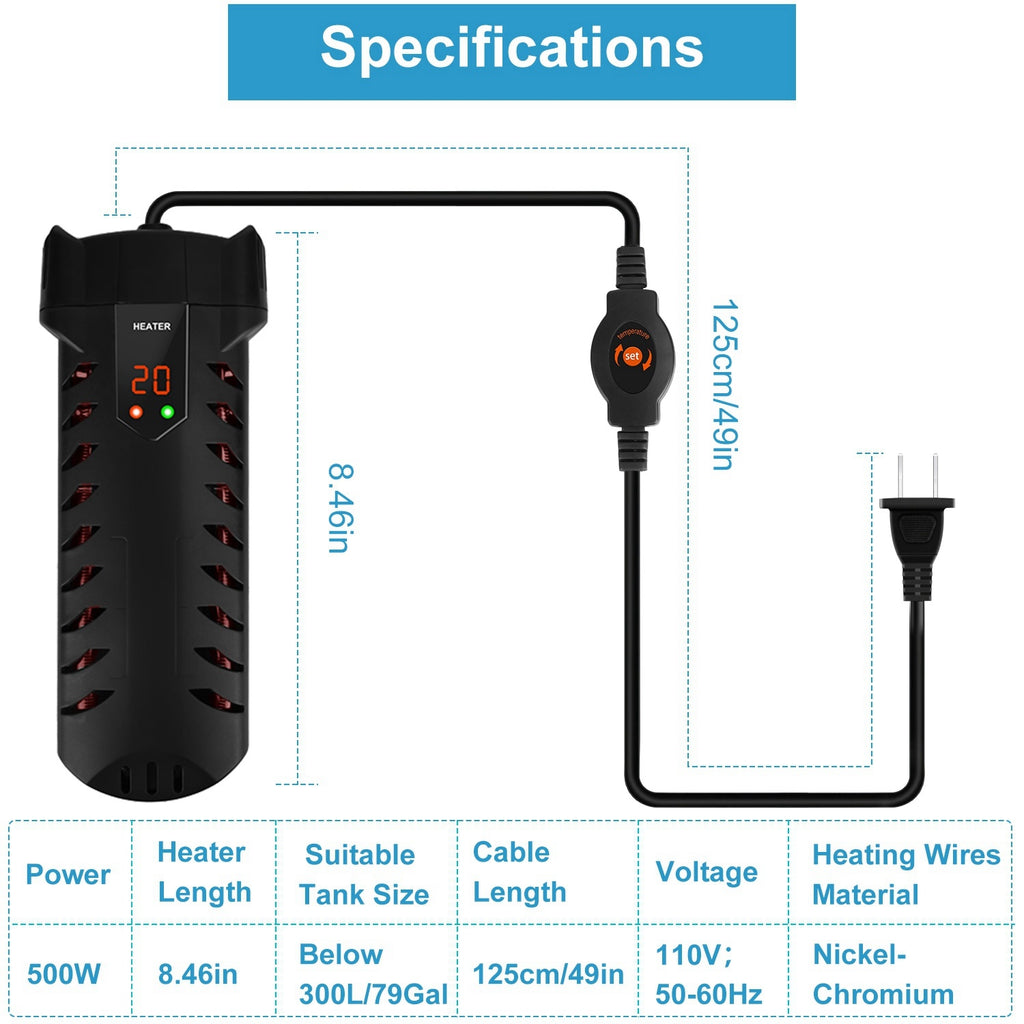 500W Submersible Aquarium Heater Temperature Adjustable External Controller