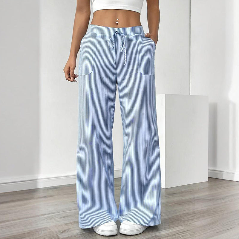Women's Striped Print Straight Wide Leg Pants Drawstring Waist Slant