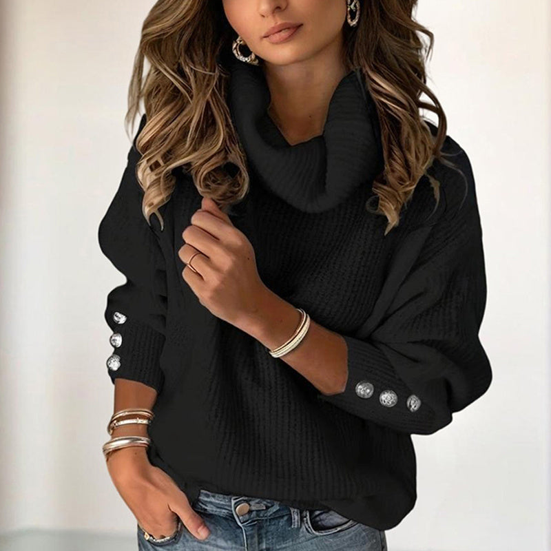 Women's Solid Color High-Neck Sweater - Button Cuff Detail