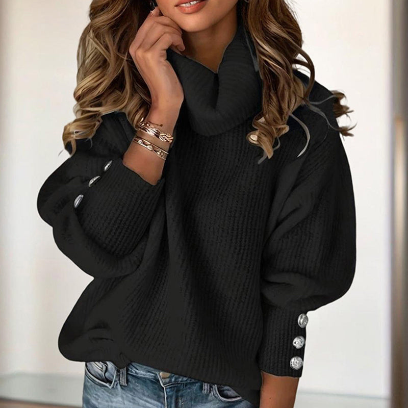 Women's Solid Color High-Neck Sweater - Button Cuff Detail