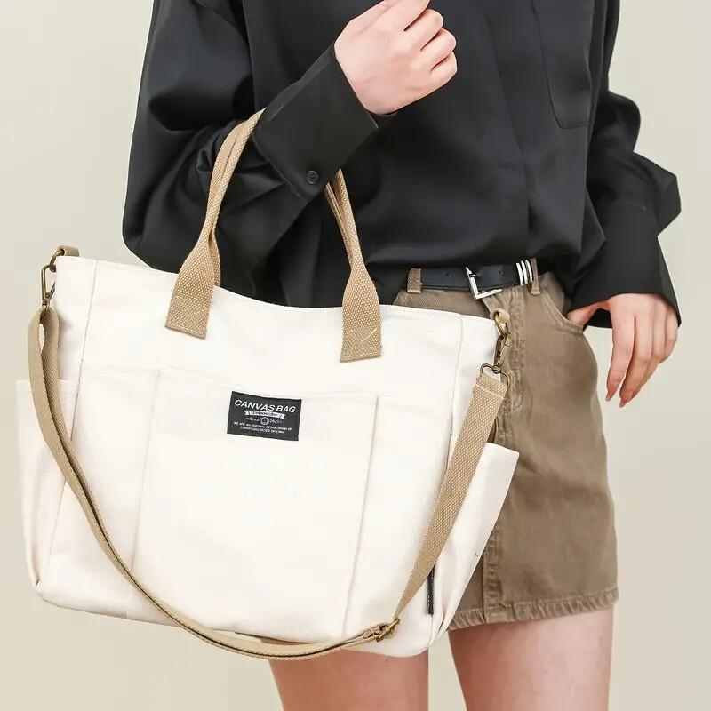 Multi Pocket Tote Bag For Women, Retro Canvas Shoulder Bag