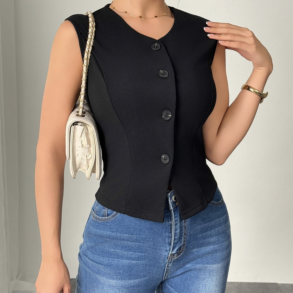 Ladies' Fashionable Temperament Sleeveless Front Button Simple