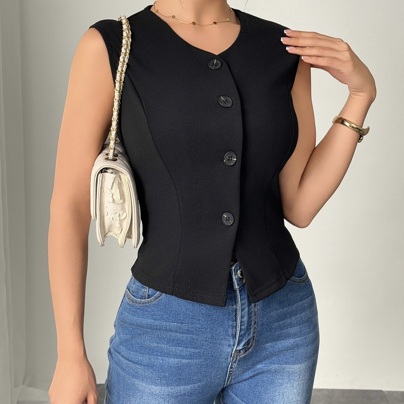 Ladies' Fashionable Temperament Sleeveless Front Button Simple