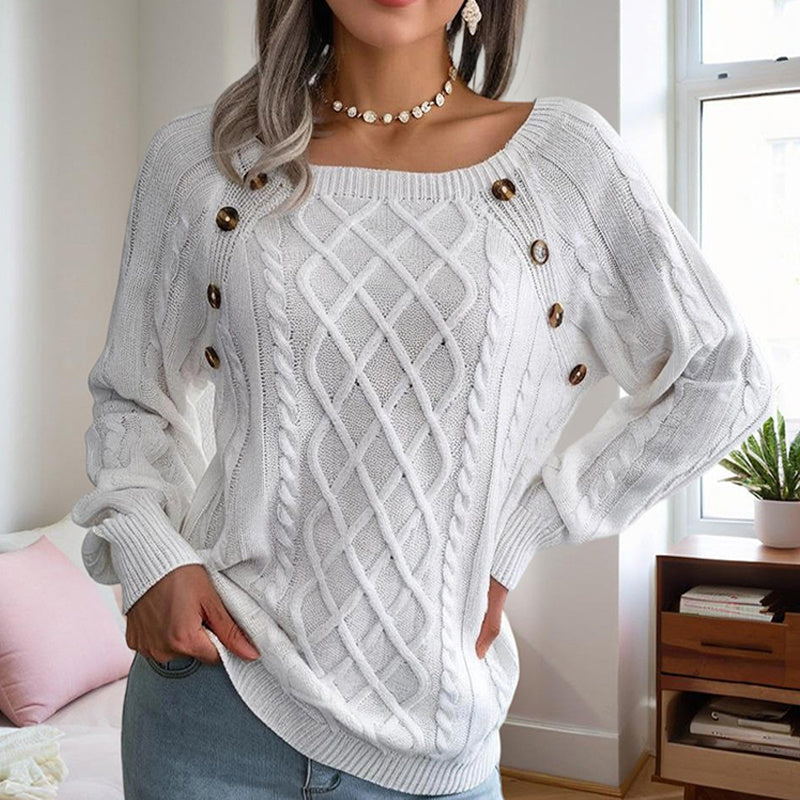 Women's Solid Color Casual Square Neck Button-Detail Knit Top