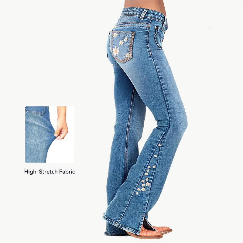 Women's High-Waist Star Patch Jeans, Wide-Leg Full-Length Jeans