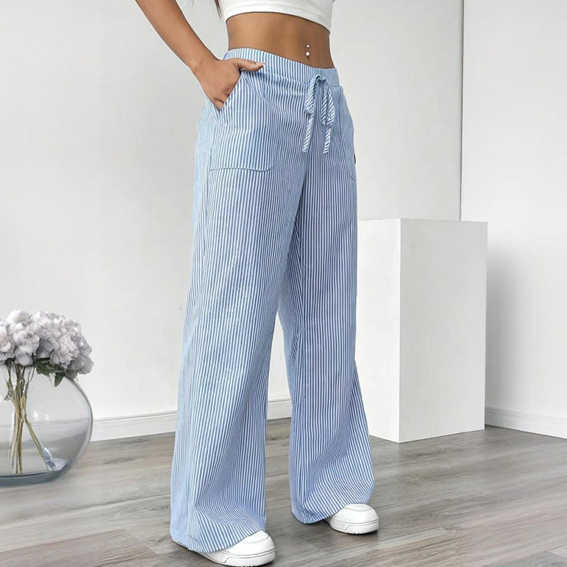 Women's Striped Print Straight Wide Leg Pants Drawstring Waist Slant