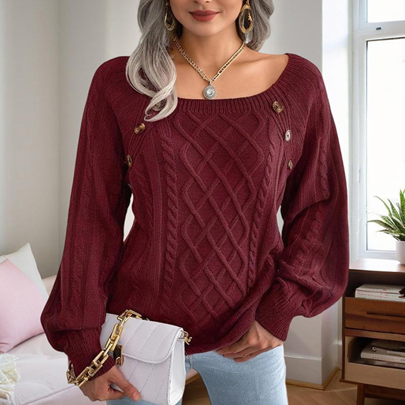Women's Solid Color Casual Square Neck Button-Detail Knit Top
