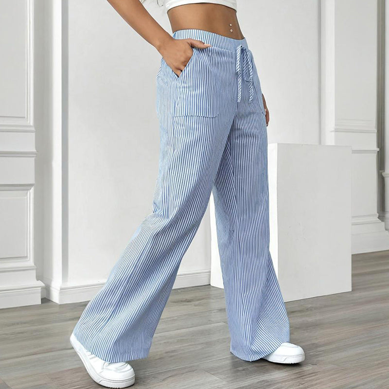 Women's Striped Print Straight Wide Leg Pants Drawstring Waist Slant