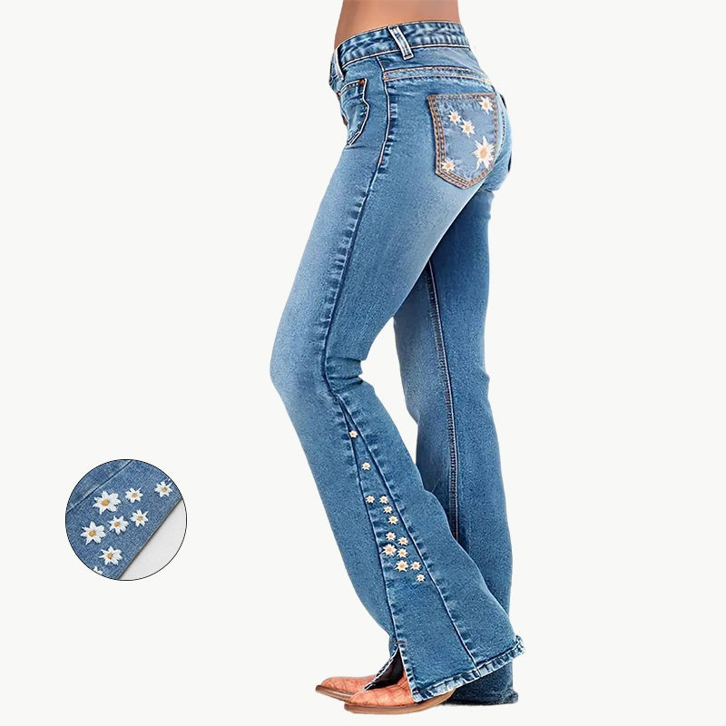 Women's High-Waist Star Patch Jeans, Wide-Leg Full-Length Jeans