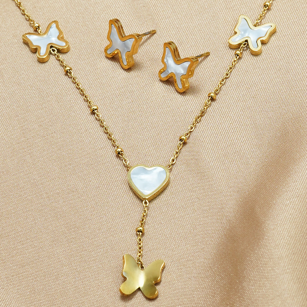 Lxalry 18K Gold Plated Stainless Steel Butterfly & Heart Jewelry Set For Women