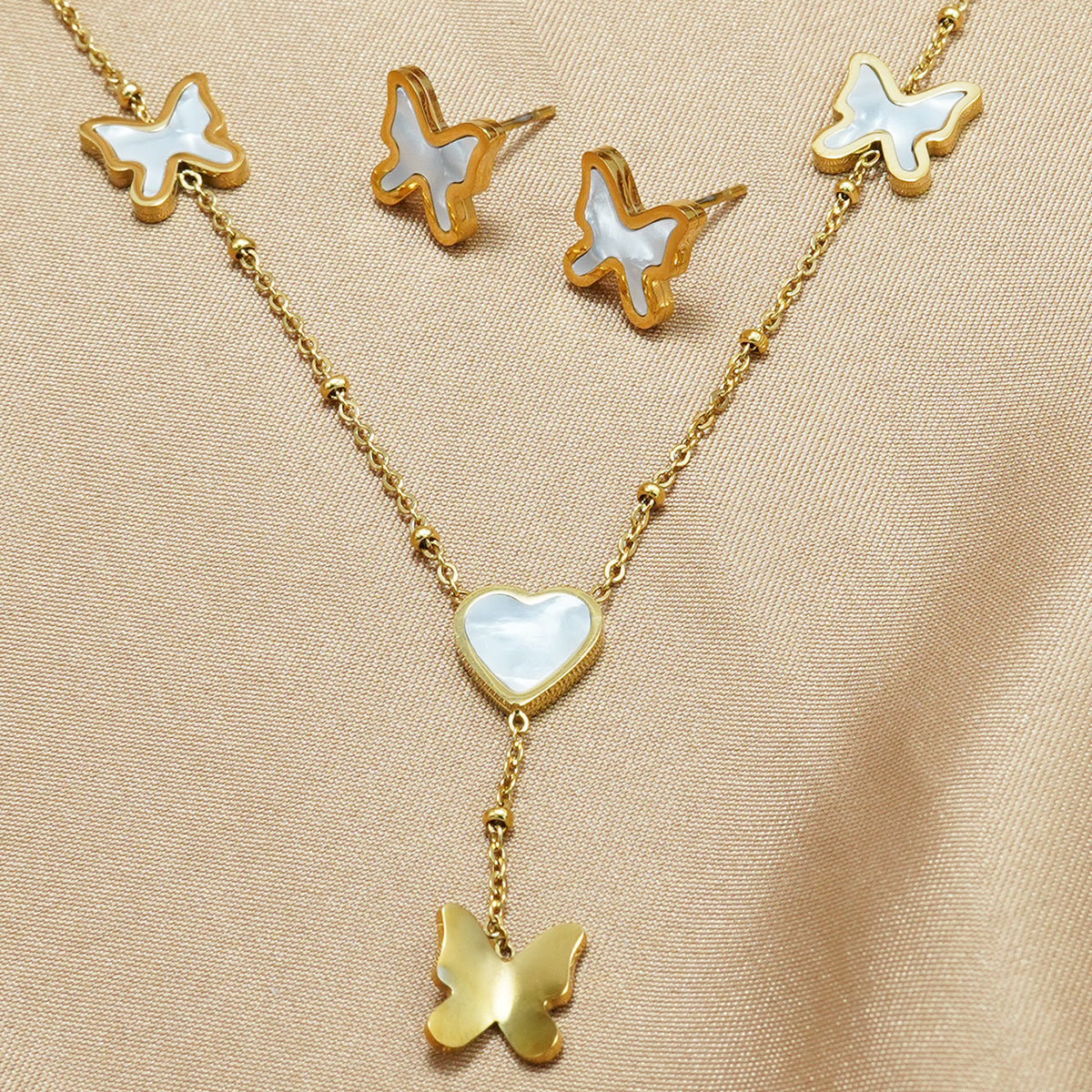 Lxalry 18K Gold Plated Stainless Steel Butterfly & Heart Jewelry Set For Women