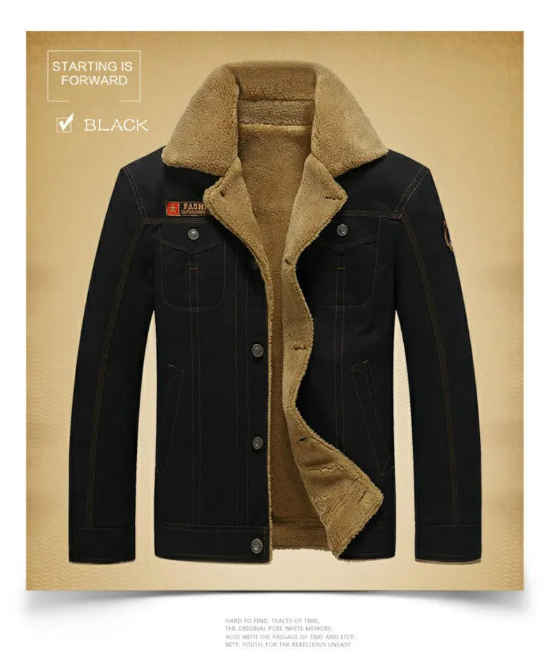 Winter Men's Cotton Jackets Turn Down Collar Long Sleeve Coats Comfy Warm Fleece Casual Denim Jacket Streetwear Oversized 5XL