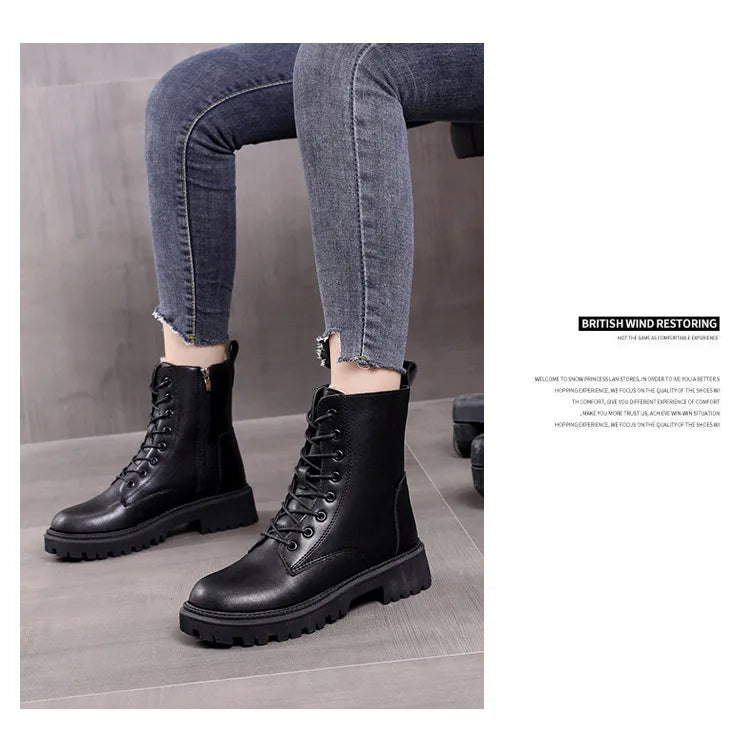 Waterproof Winter Snow Boots Women 2025 Plus Velvet Thick Cotton Women Shoes Black Leather Warm Platform Women's Ankle Boots