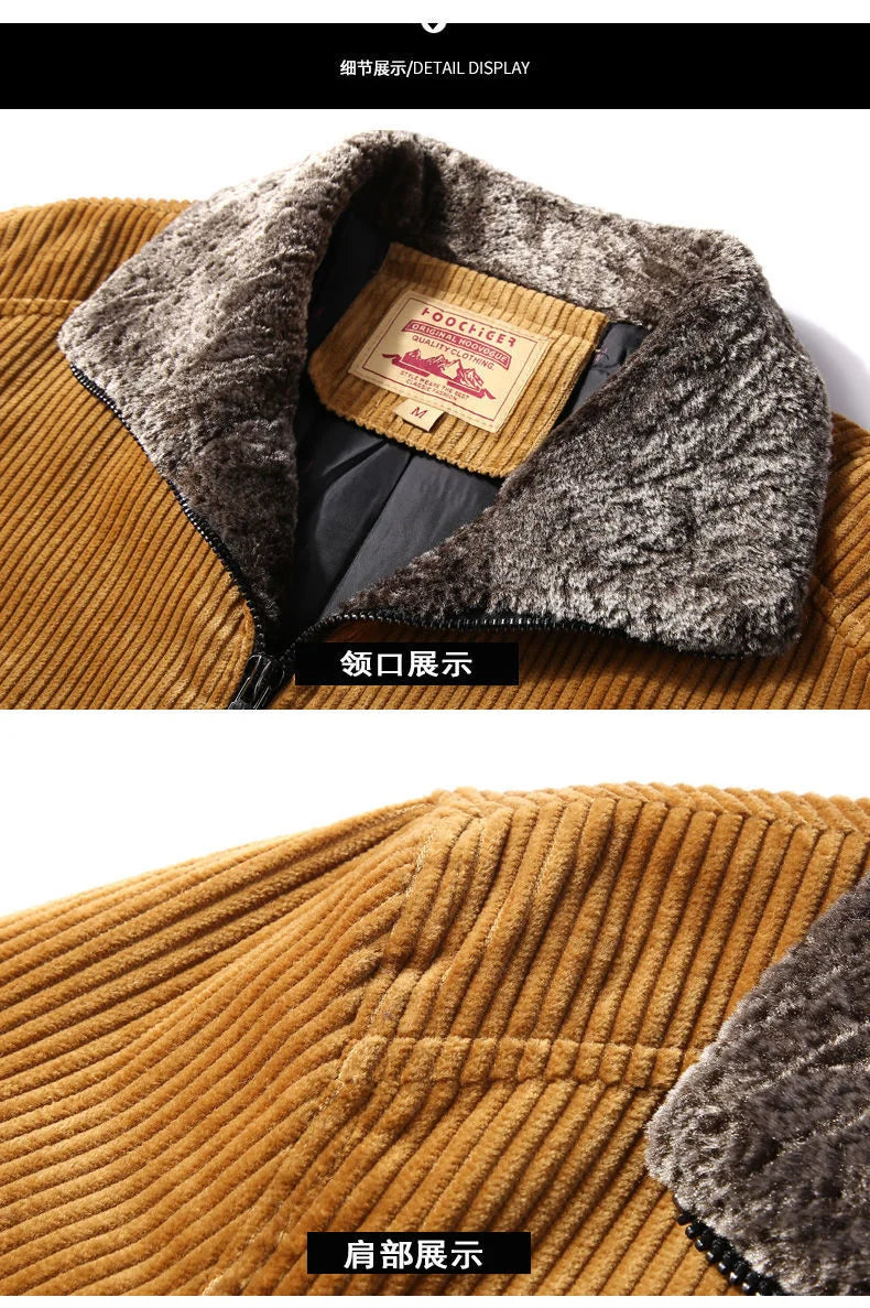 Mens Warm Winter Corduroy Jackets and Coats Fur Collar Winter Casual Jacket Outwear Male Thermal Windbreaker Plus Size 6XL
