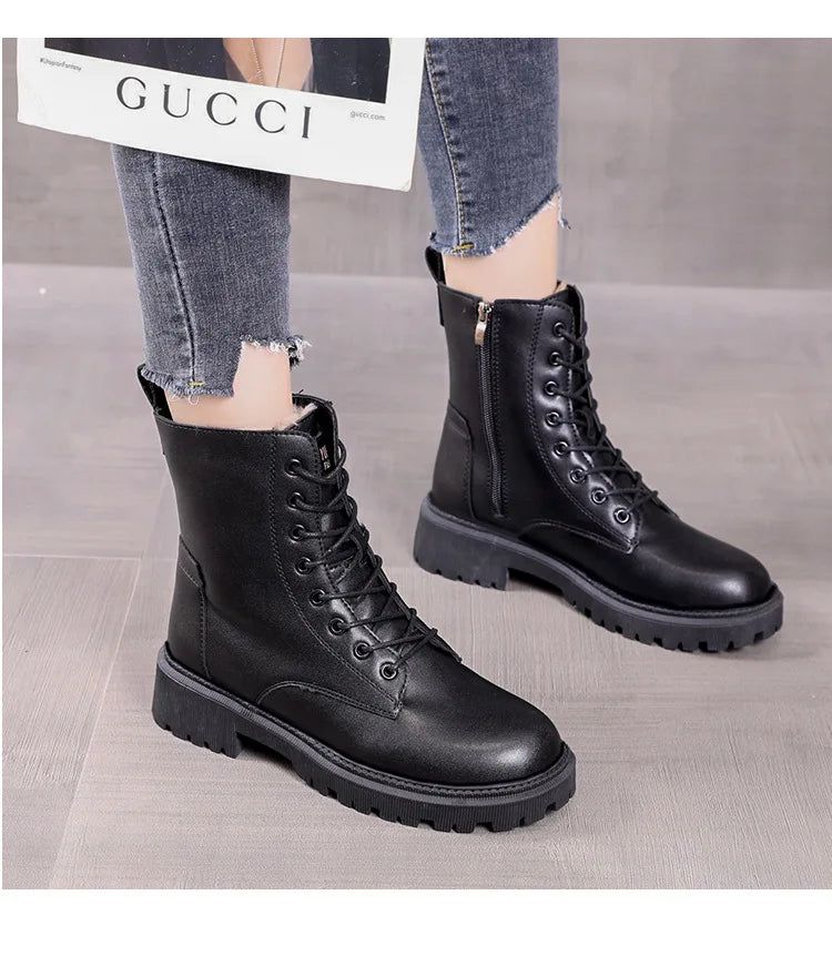 Waterproof Winter Snow Boots Women 2025 Plus Velvet Thick Cotton Women Shoes Black Leather Warm Platform Women's Ankle Boots