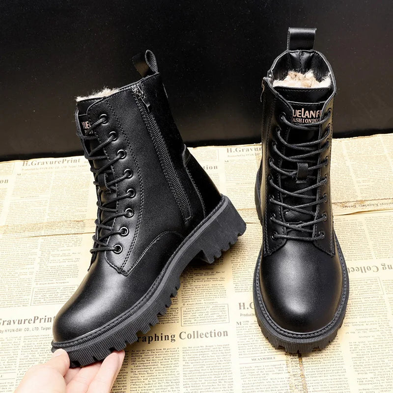 Waterproof Winter Snow Boots Women 2025 Plus Velvet Thick Cotton Women Shoes Black Leather Warm Platform Women's Ankle Boots