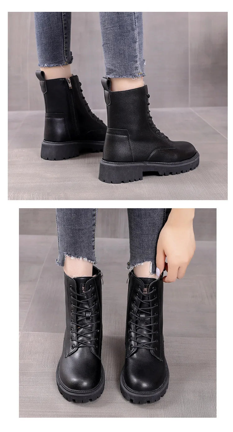 Waterproof Winter Snow Boots Women 2025 Plus Velvet Thick Cotton Women Shoes Black Leather Warm Platform Women's Ankle Boots