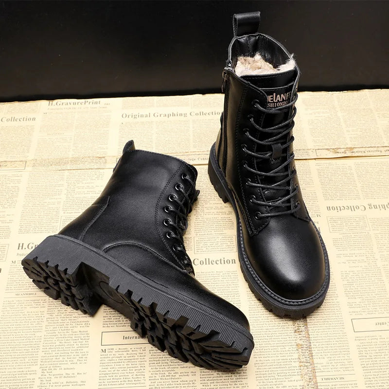 Waterproof Winter Snow Boots Women 2025 Plus Velvet Thick Cotton Women Shoes Black Leather Warm Platform Women's Ankle Boots