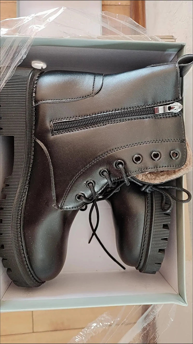 Waterproof Winter Snow Boots Women 2025 Plus Velvet Thick Cotton Women Shoes Black Leather Warm Platform Women's Ankle Boots