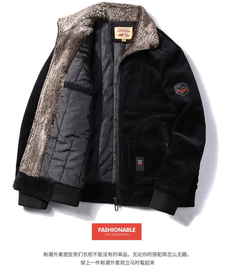 Mens Warm Winter Corduroy Jackets and Coats Fur Collar Winter Casual Jacket Outwear Male Thermal Windbreaker Plus Size 6XL