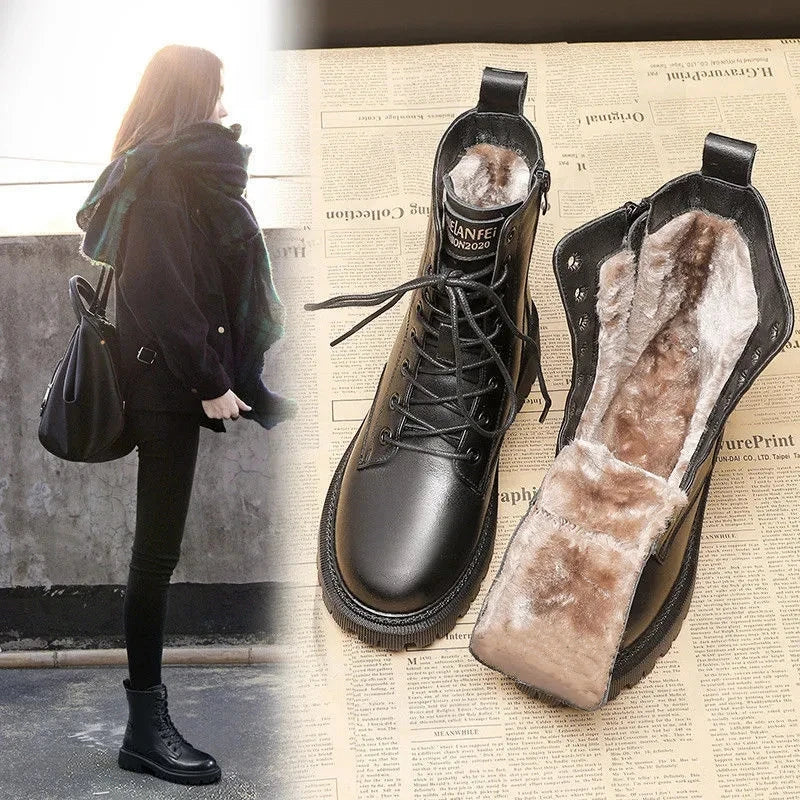 Waterproof Winter Snow Boots Women 2025 Plus Velvet Thick Cotton Women Shoes Black Leather Warm Platform Women's Ankle Boots
