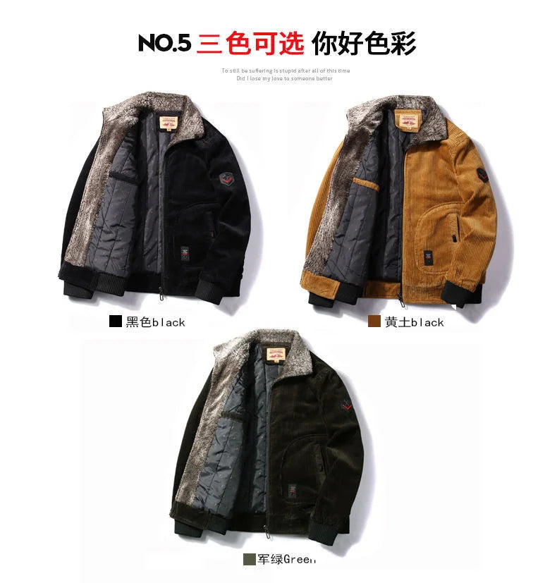 Mens Warm Winter Corduroy Jackets and Coats Fur Collar Winter Casual Jacket Outwear Male Thermal Windbreaker Plus Size 6XL