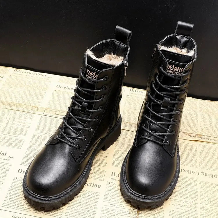 Waterproof Winter Snow Boots Women 2025 Plus Velvet Thick Cotton Women Shoes Black Leather Warm Platform Women's Ankle Boots