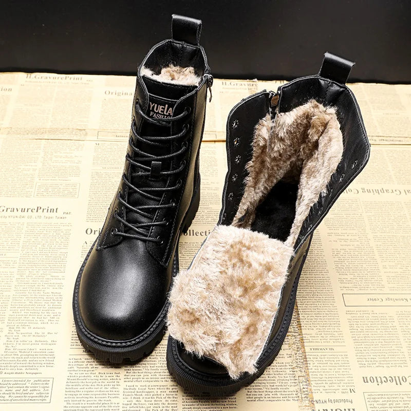 Waterproof Winter Snow Boots Women 2025 Plus Velvet Thick Cotton Women Shoes Black Leather Warm Platform Women's Ankle Boots